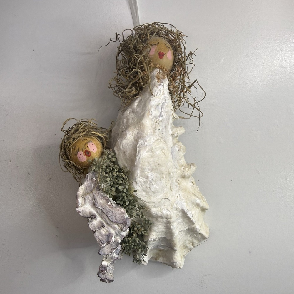 Artisanal Signed 'Legge B' Oyster Shell Angel Wall Hanging Mother & Child